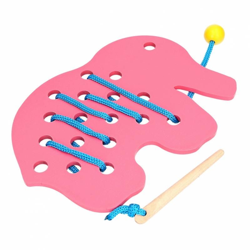 wooden elephant lacing toy bright pink wooden toy for toddlers