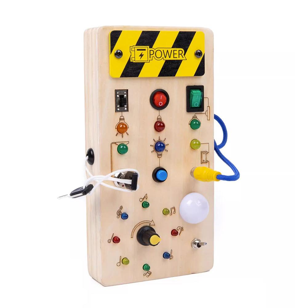 small battery-powered busy board with lights and switches